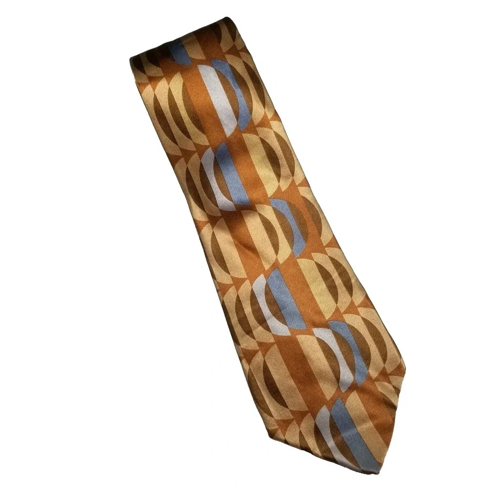 Murano Italia Silk Geometric Brown/Rust/Tan/Light Blue Tie Made‎ in USA